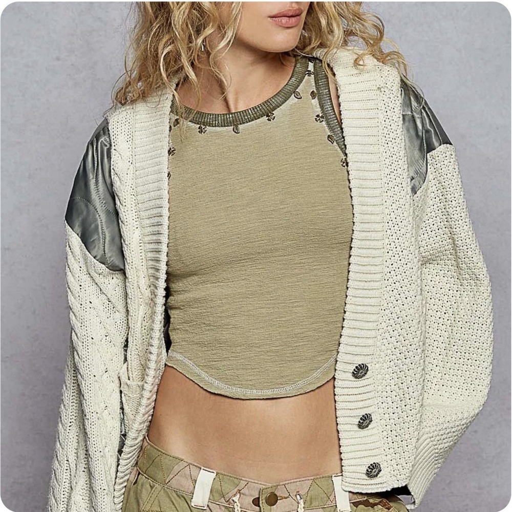 POL Chunky Cable Knit Cardigan Sweater Sz M Oversize Balloon Sleeve Boho Cottage